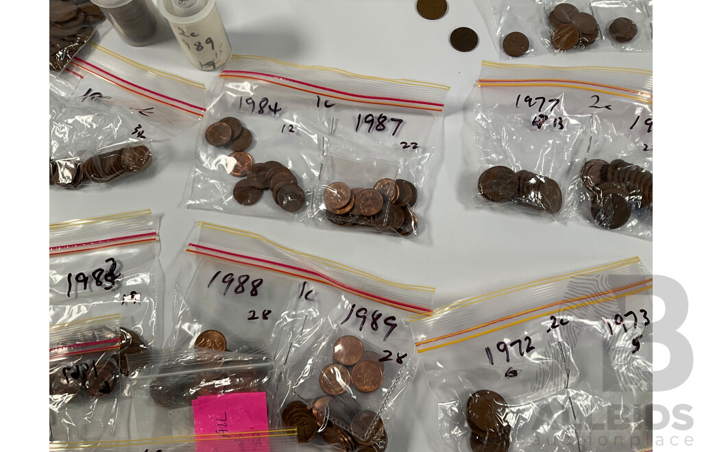 Collection of Australian One and Two Cent Coins Spanning 1966 to 1990 Including UNC - Approximately 2.5 Kilograms