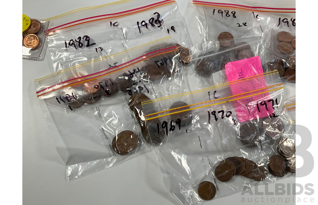 Collection of Australian One and Two Cent Coins Spanning 1966 to 1990 Including UNC - Approximately 2.5 Kilograms
