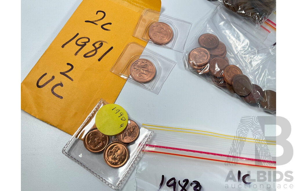 Collection of Australian One and Two Cent Coins Spanning 1966 to 1990 Including UNC - Approximately 2.5 Kilograms