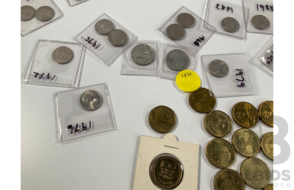 Collection of Australian Coins Including Twenty Commemorative One Dollars Including 2001 Federation, 2003 Women's Suffrage, 2005 WW2 End, 2007 APEC, 2008 Scouts Centenary................
