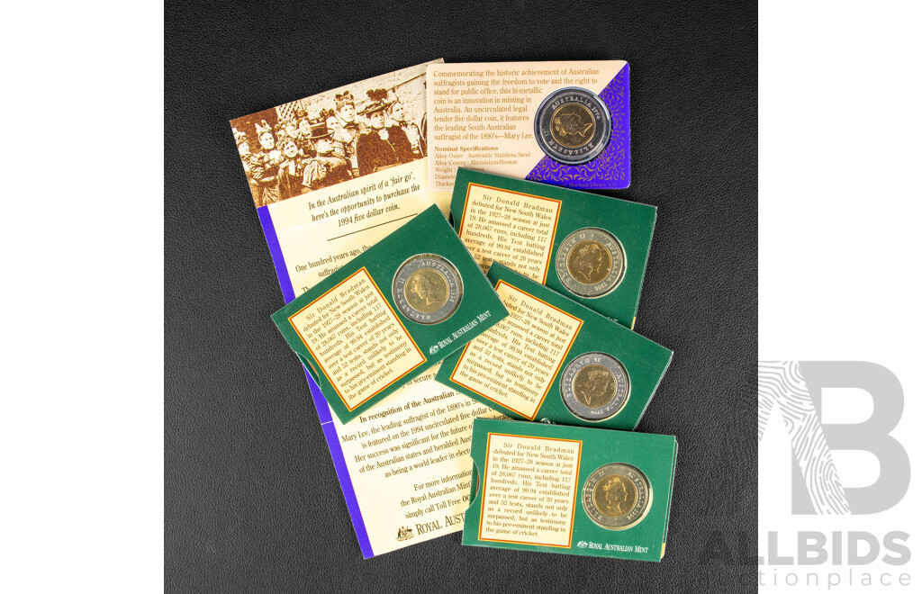Five Australian RAM Commemorative Five Dollar Coins Including 1994 One Hundred Years of the Enfranchisement of Women in South Australia and Four 1996 Tribute to Donald Bradman