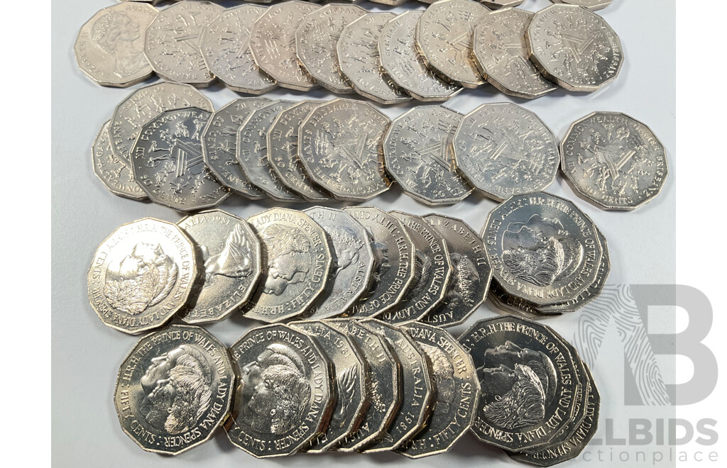 Fifty Australian Fifty Cent Coins Including Twenty 1981 Charles and Diana and Thirty 1982 Commonwealth Games, All High Grade