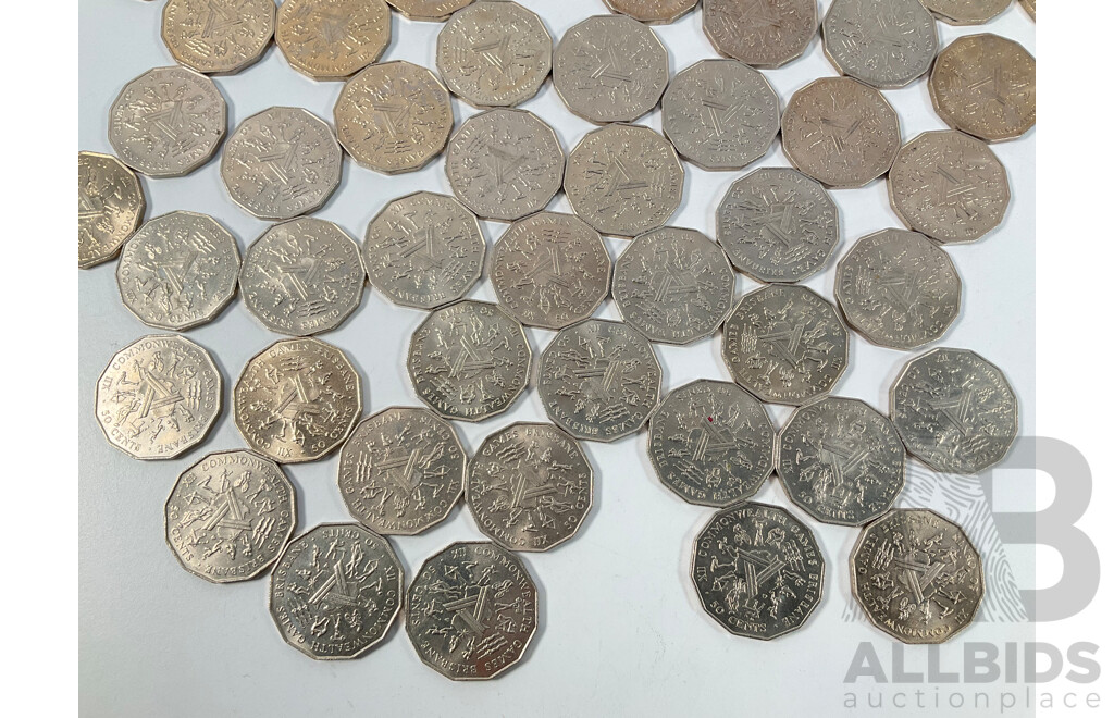 Collection of Australian Commemorative Fifty Cent Coins, Forty Five 1977 Jubilee and Fifty Four 1982 Commonwealth Games