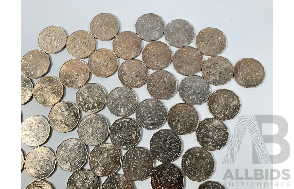 Collection of Australian Commemorative Fifty Cent Coins, Forty Five 1977 Jubilee and Fifty Four 1982 Commonwealth Games