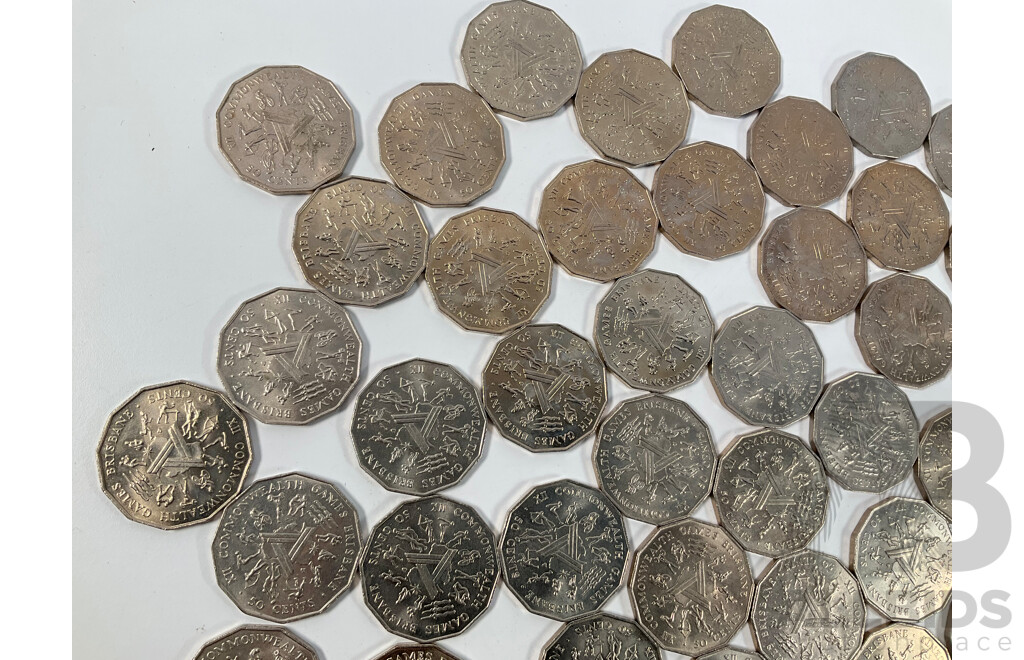 Collection of Australian Commemorative Fifty Cent Coins, Forty Five 1977 Jubilee and Fifty Four 1982 Commonwealth Games