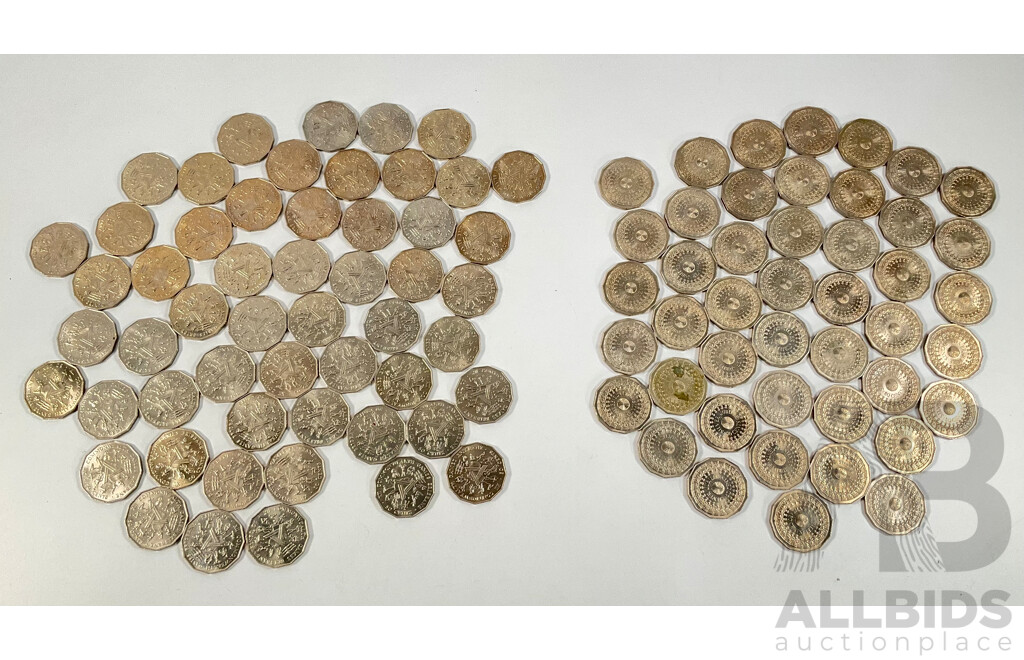 Collection of Australian Commemorative Fifty Cent Coins, Forty Five 1977 Jubilee and Fifty Four 1982 Commonwealth Games