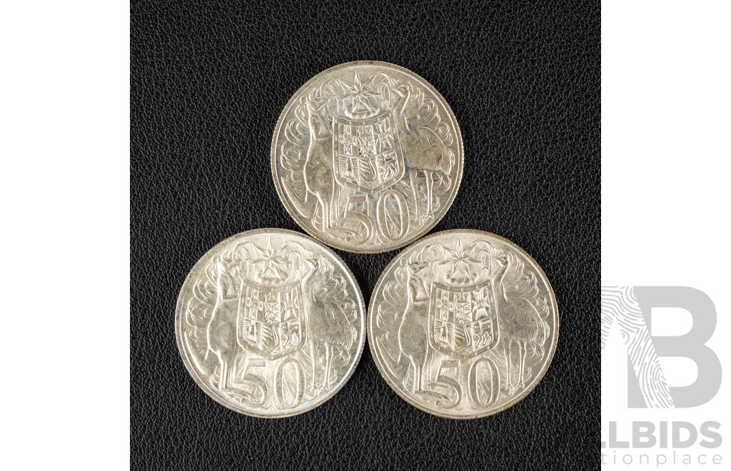 Three Australian 1966 Round Silver Fifty Cent Coins .800