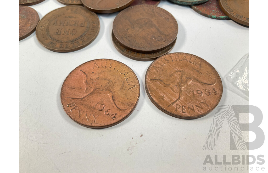 Collection of Australian Pennies and Half Pennies, Examples Spanning 1916 to 1964