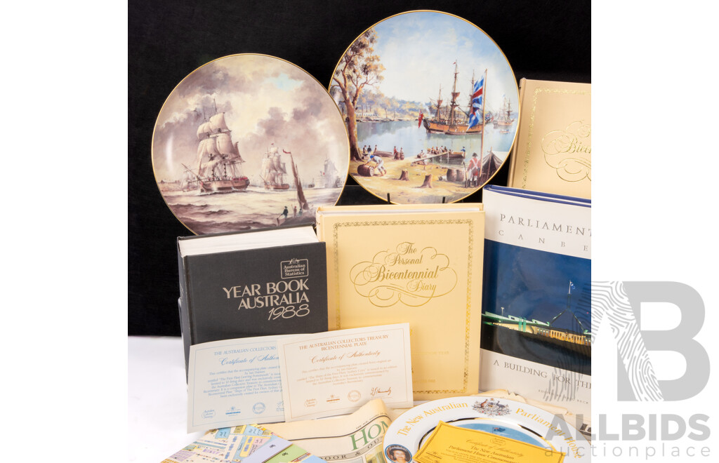 Assortment of Australian 1988 Bicentennial/Parliament House Opening Memorabilia Including Three 1988 Five Dollar Coins, Stamp Packs, Bicentennial Diaries, Limited Edition Westminster Fine China Plates.........