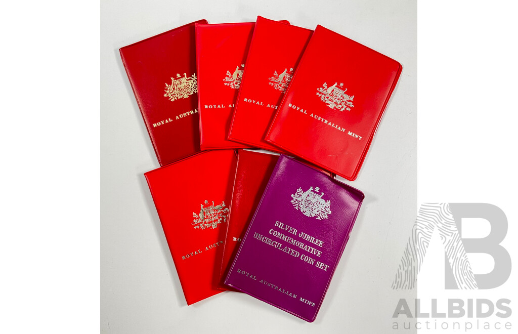 Seven Australian RAM UNC Coin Sets, 1971, 1972, 1973, 1974, 1975, 1976, 1977