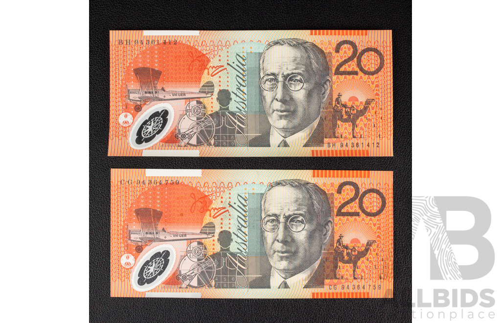 Two UNC Australian 1994 Twenty Dollar Notes, Fraser/Evans, CG 94364759 and BH 94361412