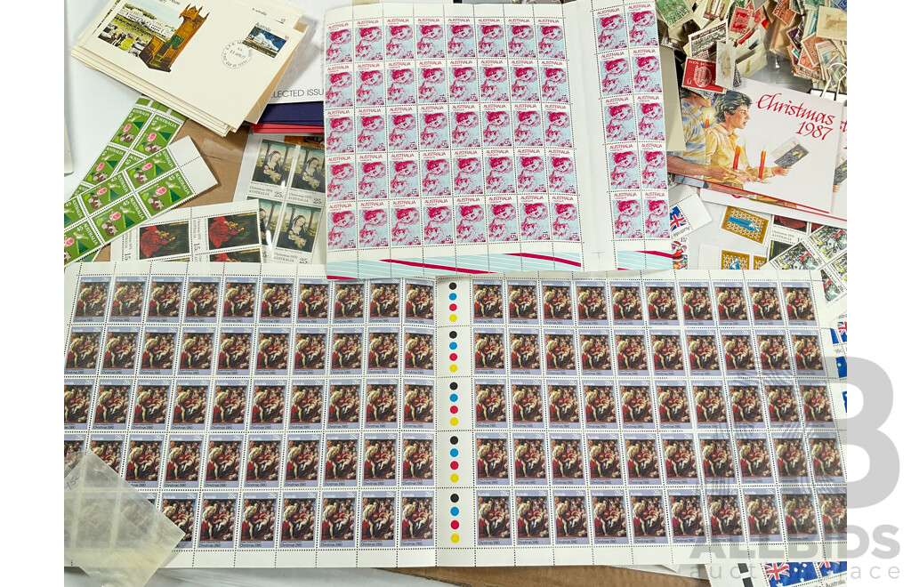 Assortment of Australian Predecimal, 1970's/80's Mint Stamp Sheets and Blocks, Stamp Packs and First Day Covers with Cancelled Vintage International Stamps