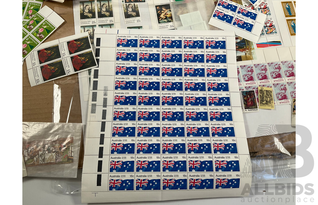 Assortment of Australian Predecimal, 1970's/80's Mint Stamp Sheets and Blocks, Stamp Packs and First Day Covers with Cancelled Vintage International Stamps
