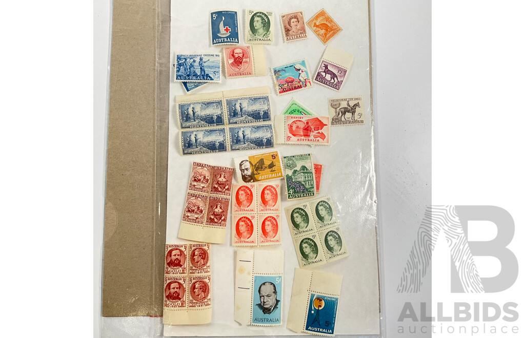 Assortment of Australian Predecimal, 1970's/80's Mint Stamp Sheets and Blocks, Stamp Packs and First Day Covers with Cancelled Vintage International Stamps