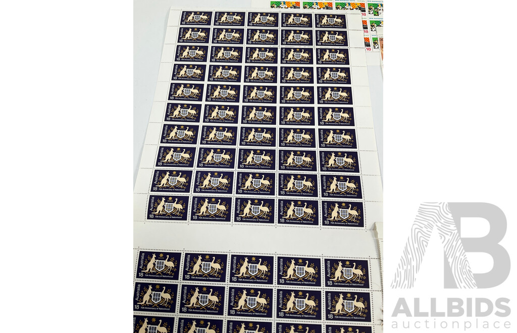 Australian Mint Stamp Sheets, Blocks, Sets and Packs Including 1968 Soil Science Set, 1973 Australian Birds Set, 1976 75th Anniversary of Nationhood, 50th Anniversary ACTU, 1977 Performing Arts Set, 1980 Waltzing Matilda