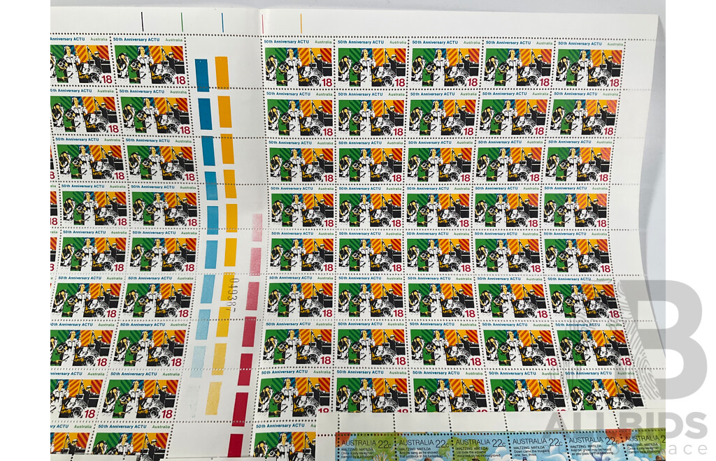 Australian Mint Stamp Sheets, Blocks, Sets and Packs Including 1968 Soil Science Set, 1973 Australian Birds Set, 1976 75th Anniversary of Nationhood, 50th Anniversary ACTU, 1977 Performing Arts Set, 1980 Waltzing Matilda