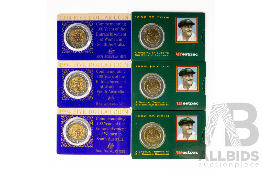 Six Australian RAM Commemorative Five Dollar Coins, Three 1994 One Hundred Years of the Enfranchisement of Women in South Australia and Three 1996 Tribute to Donald Bradman