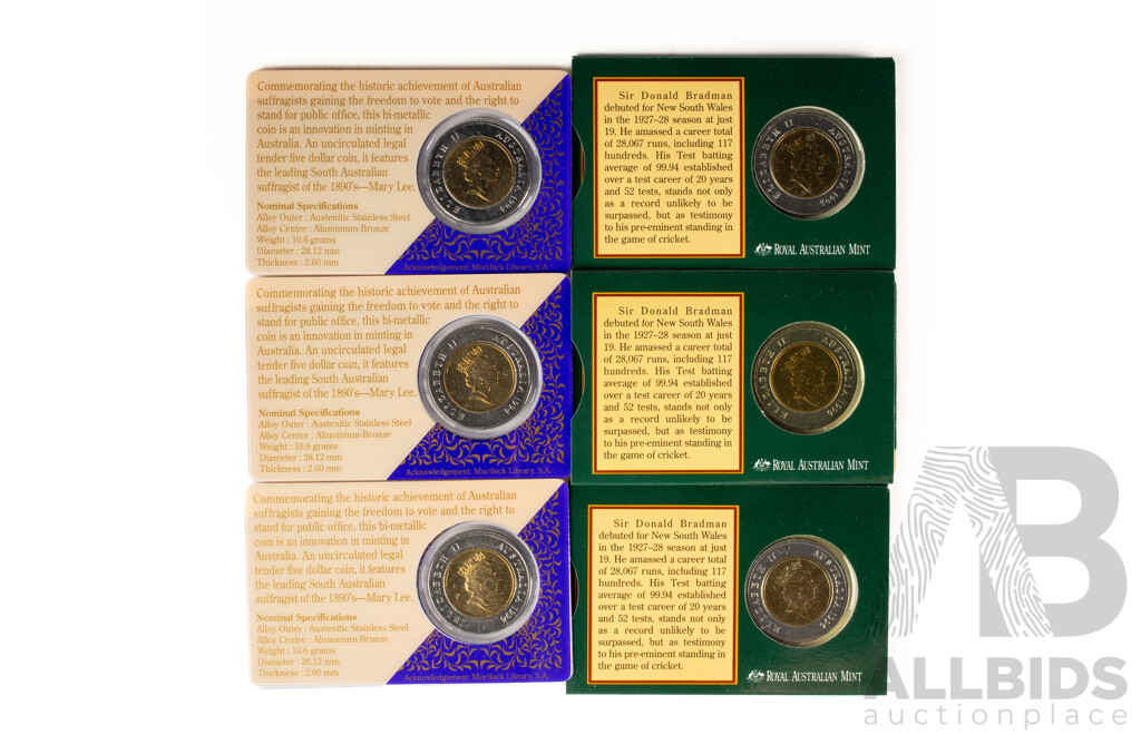 Six Australian RAM Commemorative Five Dollar Coins, Three 1994 One Hundred Years of the Enfranchisement of Women in South Australia and Three 1996 Tribute to Donald Bradman
