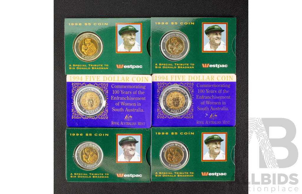 Six Australian RAM Commemorative Five Dollar Coins, Two 1994 One Hundred Years of the Enfranchisement of Women in South Australia and Four 1996 Tribute to Donald Bradman