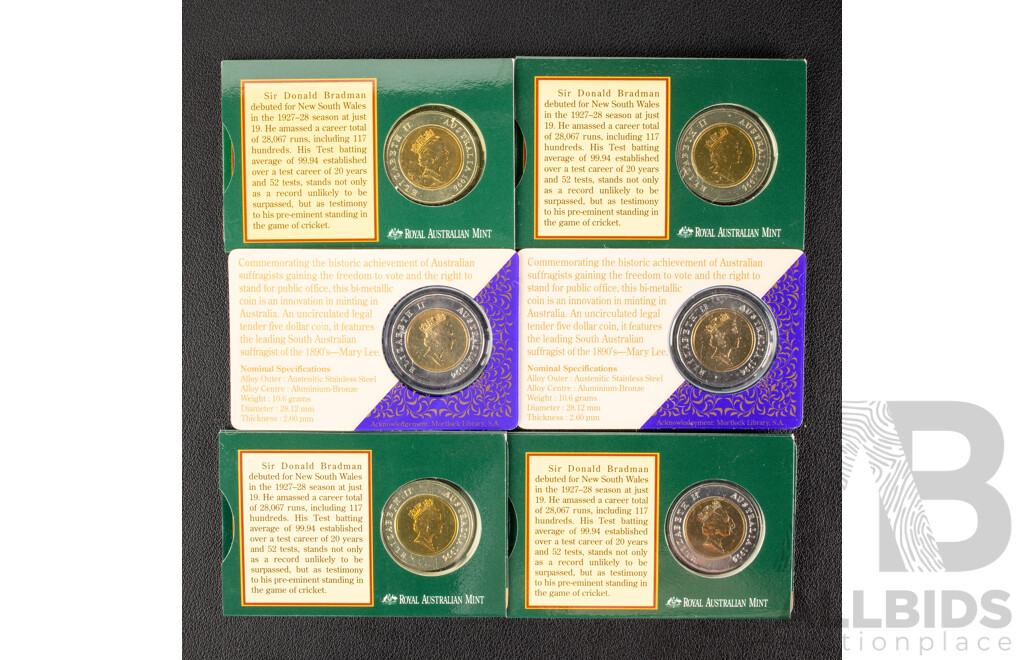 Six Australian RAM Commemorative Five Dollar Coins, Two 1994 One Hundred Years of the Enfranchisement of Women in South Australia and Four 1996 Tribute to Donald Bradman