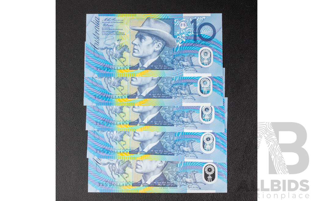 Five Australian Ten Dollar Banknotes Including Four 1993 Fraser /Evans and 1995 Stevens/Parkinsons