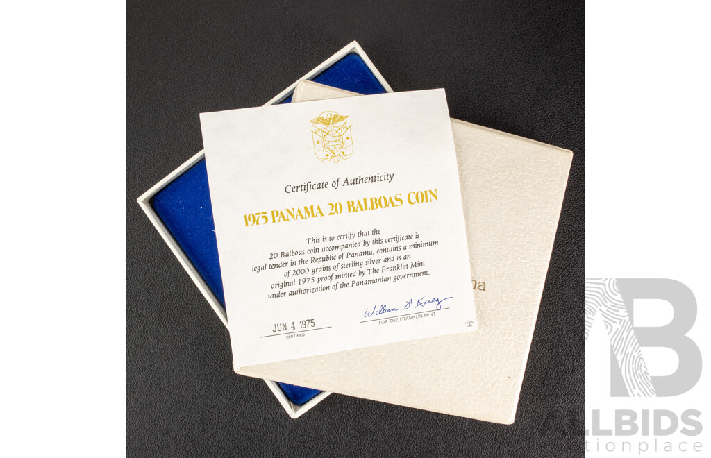 Panama Franklin Mint 1975 Silver Proof Twenty Balboas Coin, Simon Bolivar .925
