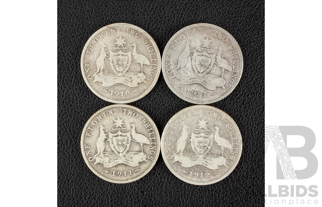 Four Australian KEVII/KGV Silver Florins Including 1910, 1911, 1912, 1913  .925