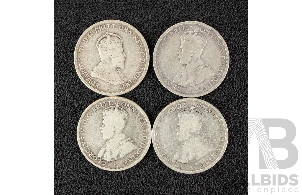Four Australian KEVII/KGV Silver Florins Including 1910, 1911, 1912, 1913  .925
