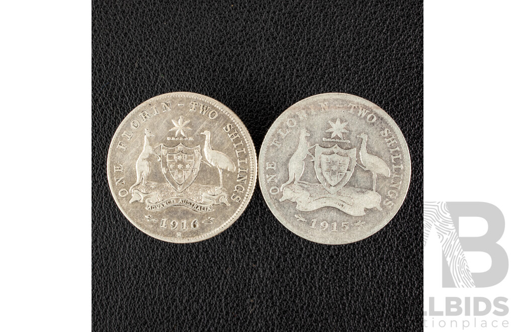 Two Australian KGV Silver Florins, 1915 and 1916M  .925