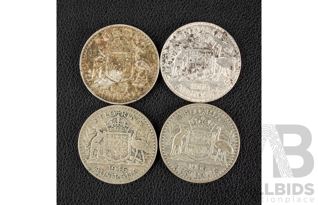 Four Australian KGVI/QE2 Silver Florins Including 1946, 1952, 1956, 1967 .500