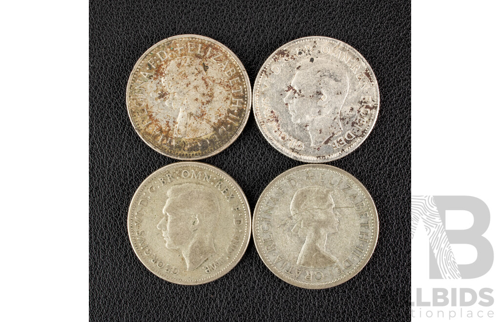 Four Australian KGVI/QE2 Silver Florins Including 1946, 1952, 1956, 1967 .500