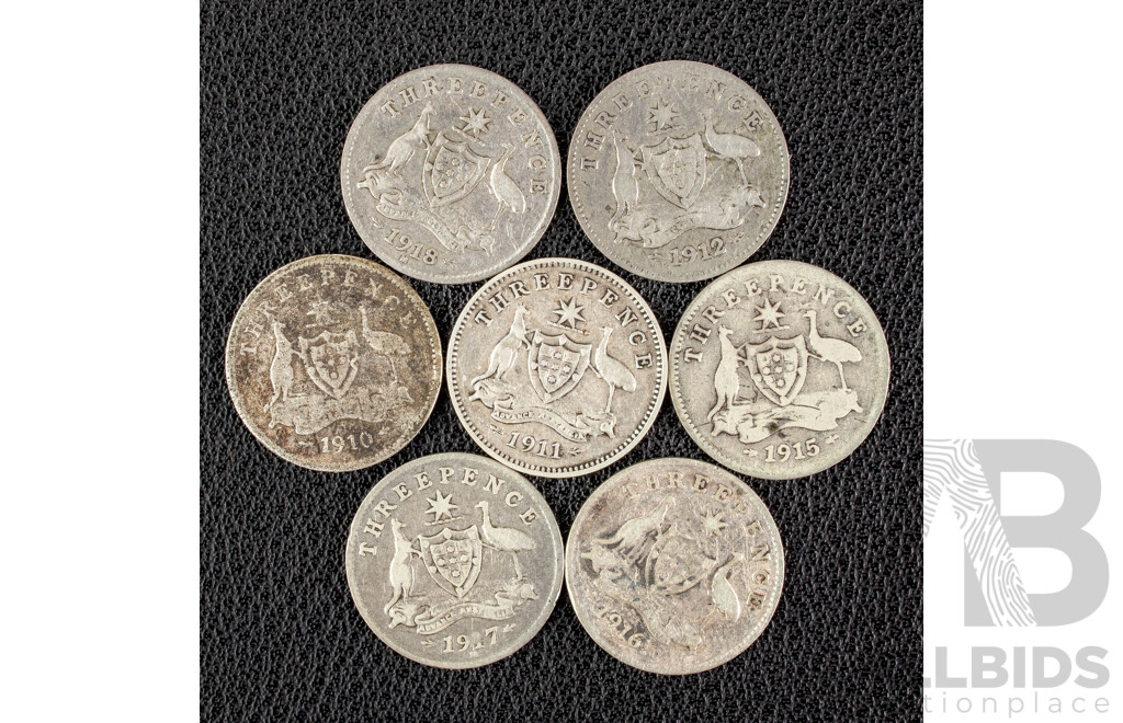 Seven Australian KEVII/KGV Silver Threepence Including 1910, 1911, 1912, 1915, 1916M, 1917M, 1918M .925