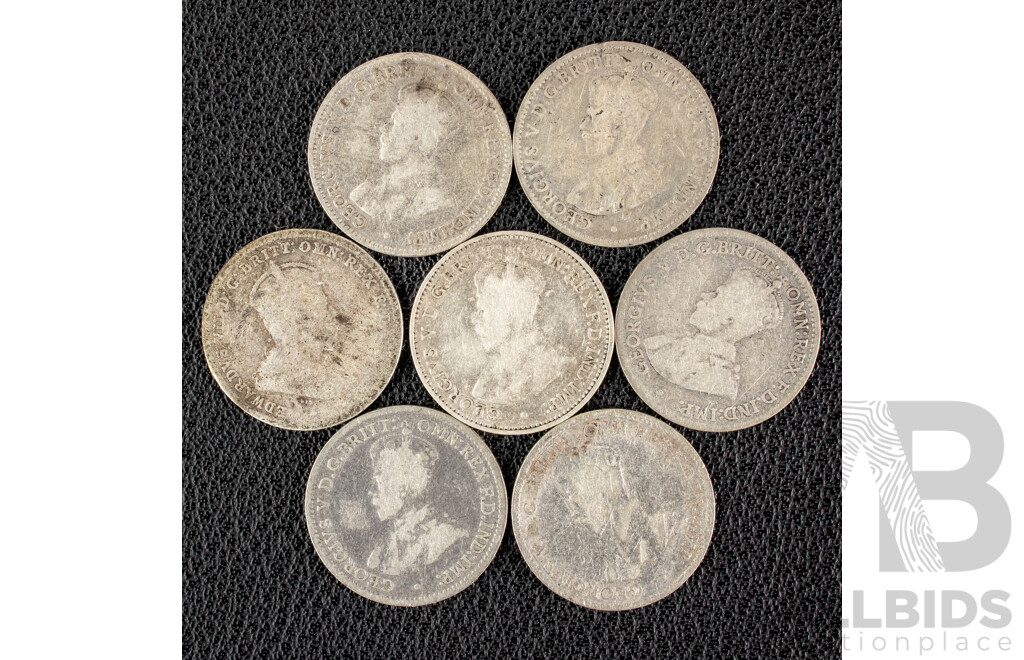 Seven Australian KEVII/KGV Silver Threepence Including 1910, 1911, 1912, 1915, 1916M, 1917M, 1918M .925