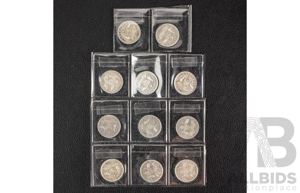 Eleven Australian KGV Silver Threepence Including 1919, 1920M, 1921M, 1921, 1922, 1923, 1924, 1925, 1926, 1927, 1928 .925