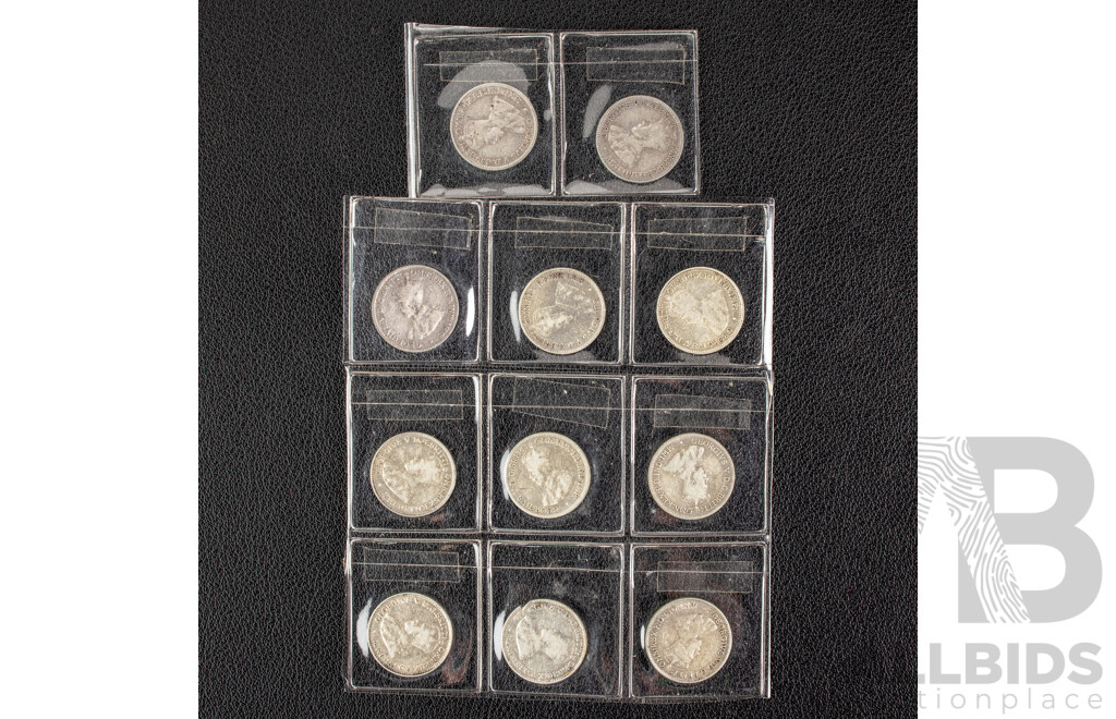 Eleven Australian KGV Silver Threepence Including 1919, 1920M, 1921M, 1921, 1922, 1923, 1924, 1925, 1926, 1927, 1928 .925