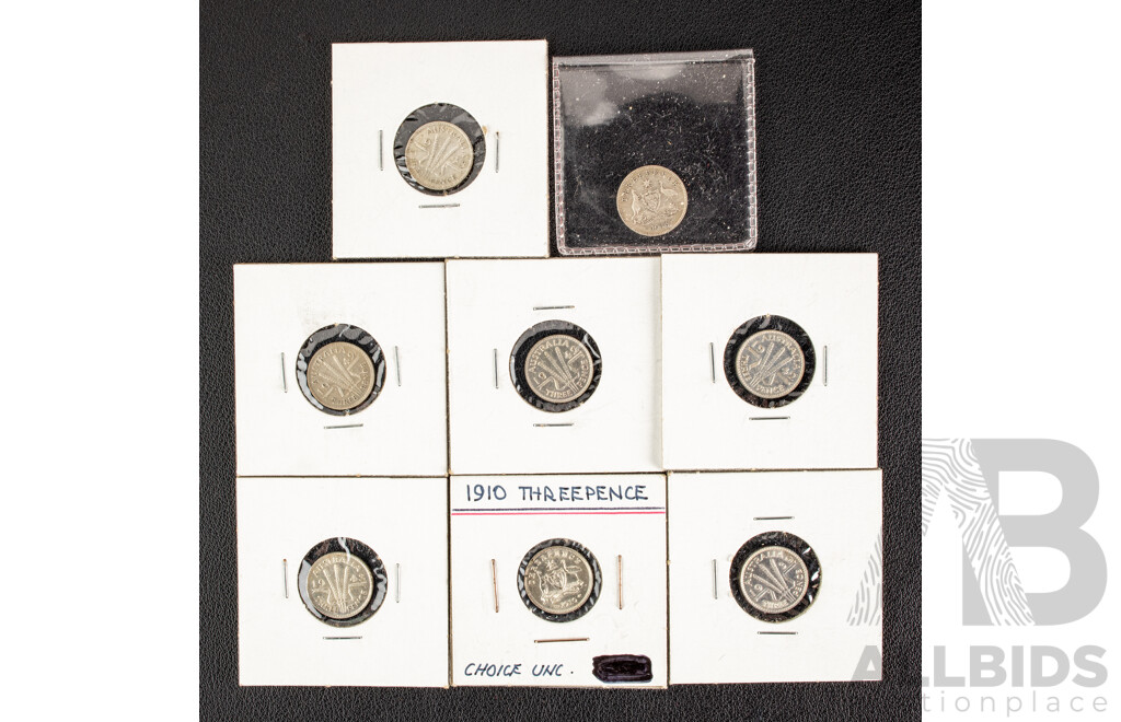 Eight Australian High Grade Silver Threepence Including 1910, 1936, 1939, 1942(3) 1943(2) .925
