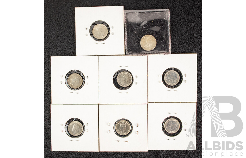 Eight Australian High Grade Silver Threepence Including 1910, 1936, 1939, 1942(3) 1943(2) .925