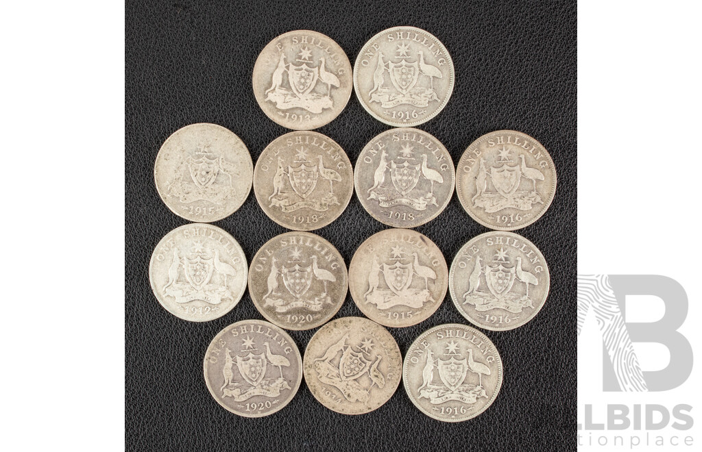Thirteen Australian KGV Silver Shillings Including 1912, 1913, 1914, 1915, 1915H, 1916M(4) 1918(2) 1920M(2)  .925