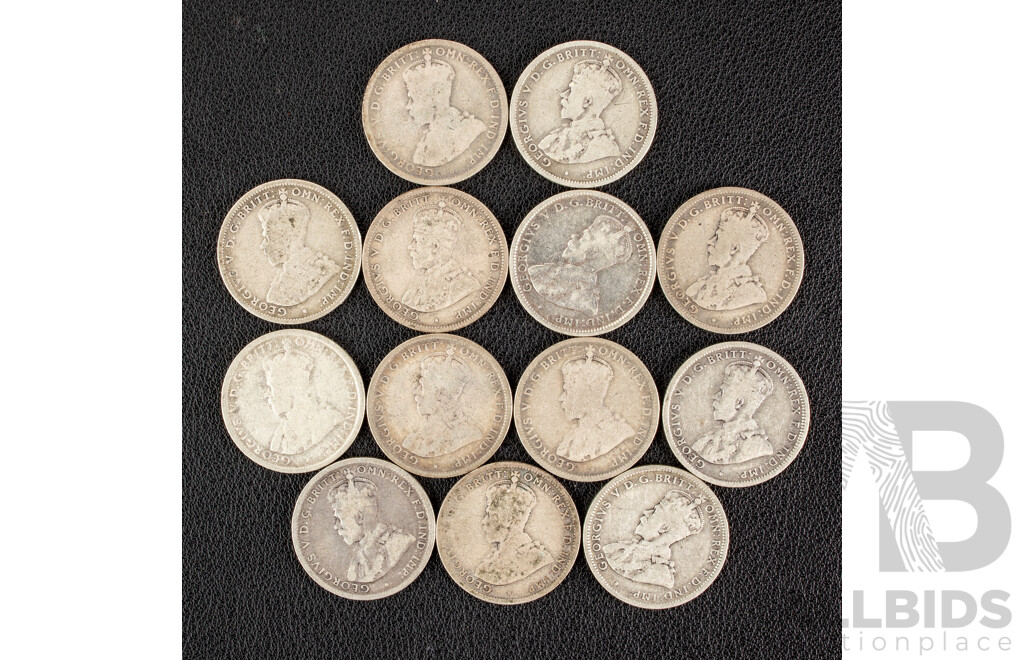 Thirteen Australian KGV Silver Shillings Including 1912, 1913, 1914, 1915, 1915H, 1916M(4) 1918(2) 1920M(2)  .925
