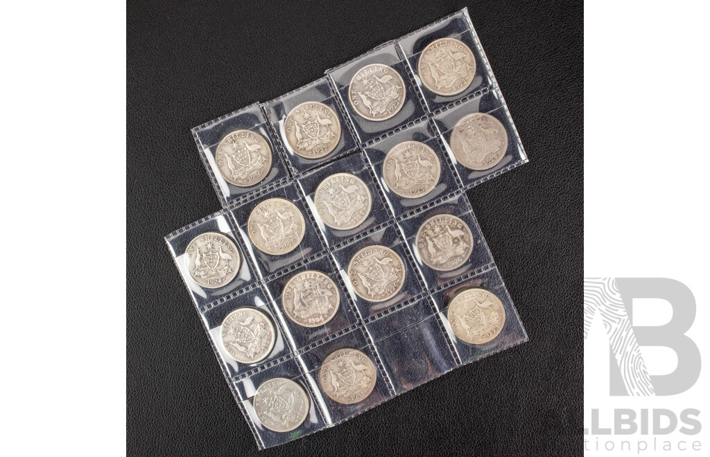 Sixteen Australian KGV Silver Shillings Including 1922(2) 1924, 1925(4) 1926(4) 1927, 1931(2) 1934, 1936 .925