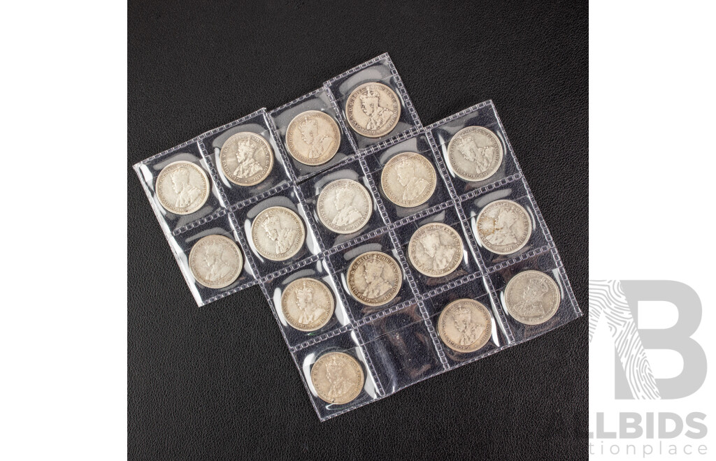 Sixteen Australian KGV Silver Shillings Including 1922(2) 1924, 1925(4) 1926(4) 1927, 1931(2) 1934, 1936 .925