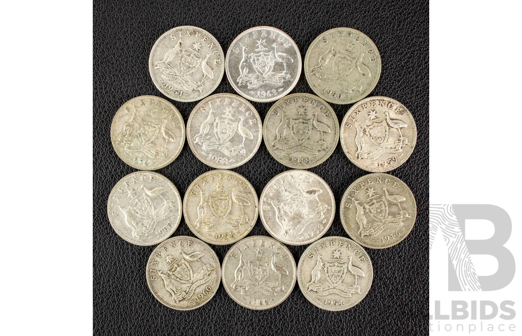 Fourteen Australian Silver Sixpence Including 1946, 1948, 1950, 1951, 1953, 1954, 1955, 1956, 1958, 1959, 1960, 1961, 1962, 1963 .500