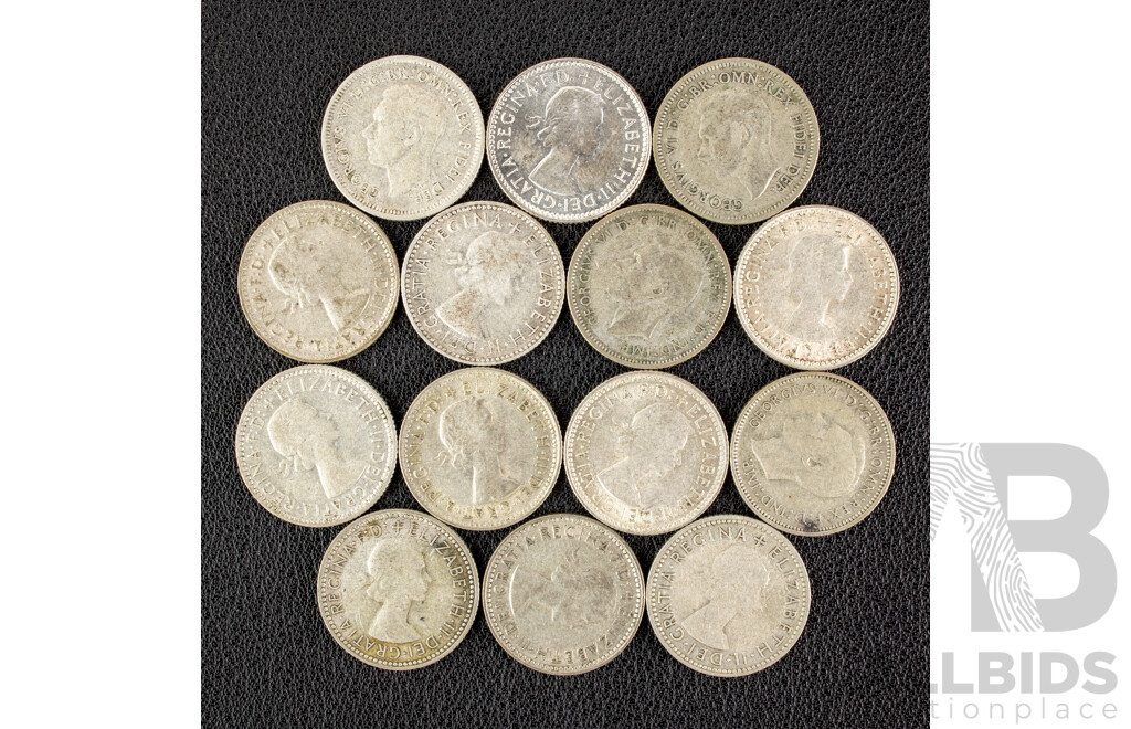 Fourteen Australian Silver Sixpence Including 1946, 1948, 1950, 1951, 1953, 1954, 1955, 1956, 1958, 1959, 1960, 1961, 1962, 1963 .500