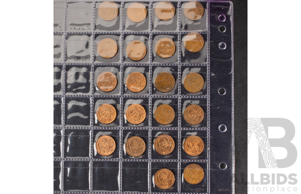 Australian Two Cent Coins, Consecutive 1966 to 1985, 1988, 1989, One Cent Consecutive 1966 to 1980, 1982, 1983, 1984, 1985, 1987, 1988, 1989, 1990 Including UNC, High Grade and Multiples