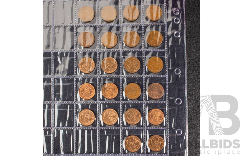 Australian Two Cent Coins, Consecutive 1966 to 1985, 1988, 1989, One Cent Consecutive 1966 to 1980, 1982, 1983, 1984, 1985, 1987, 1988, 1989, 1990 Including UNC, High Grade and Multiples