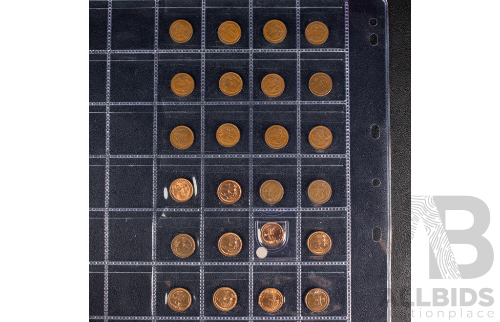 Australian Two Cent Coins, Consecutive 1966 to 1985, 1988, 1989, One Cent Consecutive 1966 to 1980, 1982, 1983, 1984, 1985, 1987, 1988, 1989, 1990 Including UNC, High Grade and Multiples