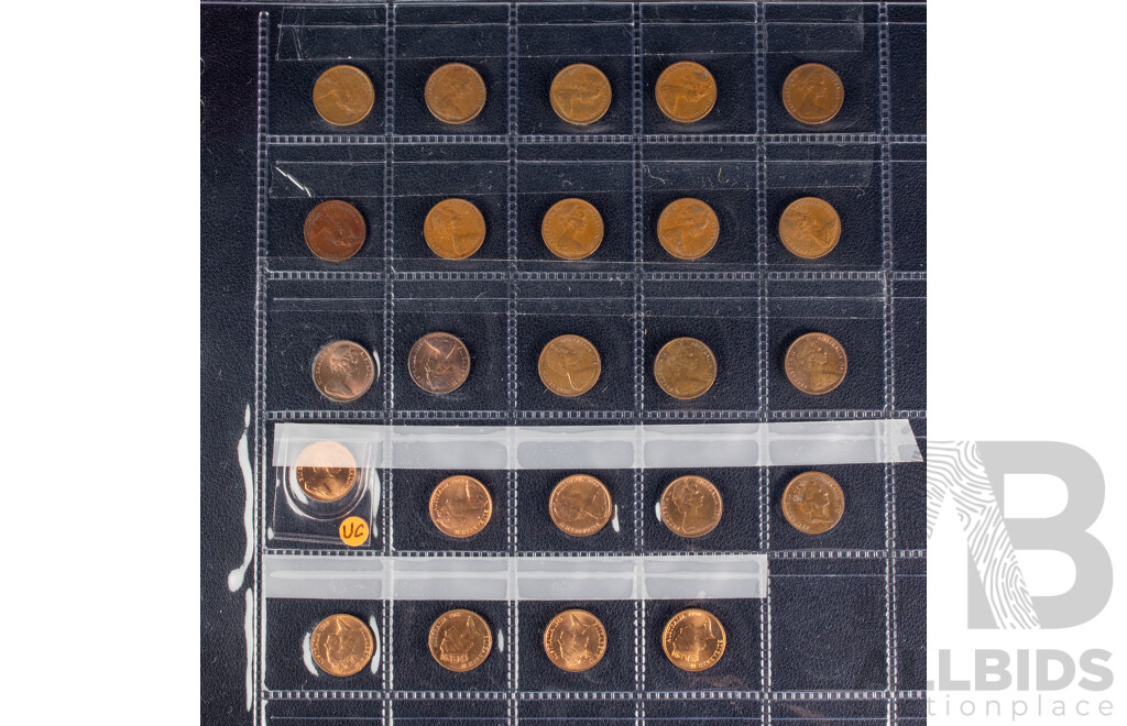 Australian Two Cent Coins, Consecutive 1966 to 1985, 1988, 1989, One Cent Consecutive 1966 to 1980, 1982, 1983, 1984, 1985, 1987, 1988, 1989, 1990 Including UNC, High Grade and Multiples