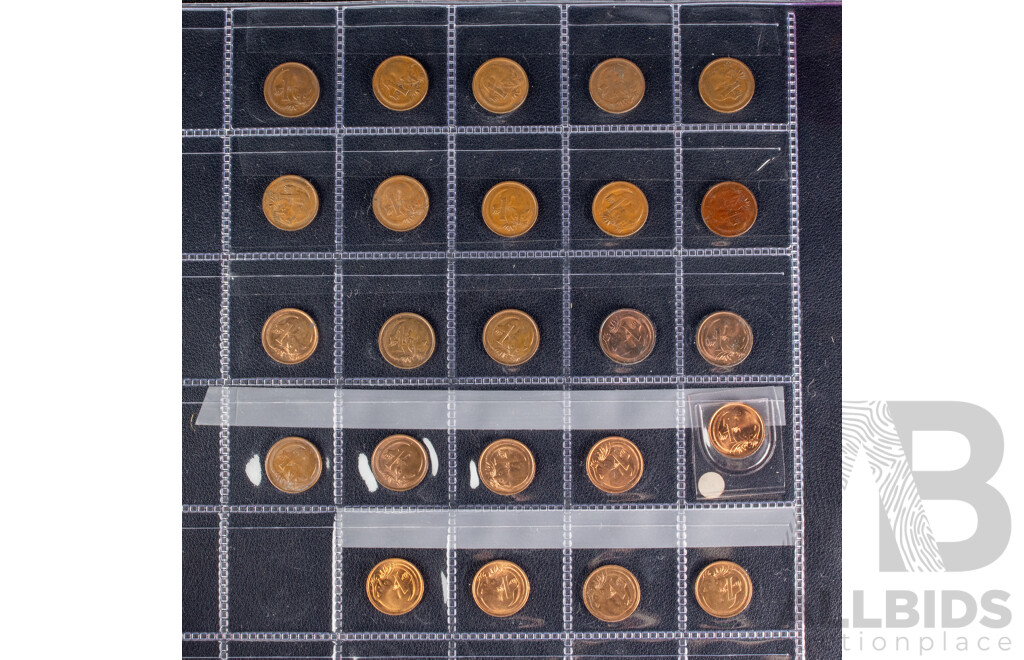 Australian Two Cent Coins, Consecutive 1966 to 1985, 1988, 1989, One Cent Consecutive 1966 to 1980, 1982, 1983, 1984, 1985, 1987, 1988, 1989, 1990 Including UNC, High Grade and Multiples