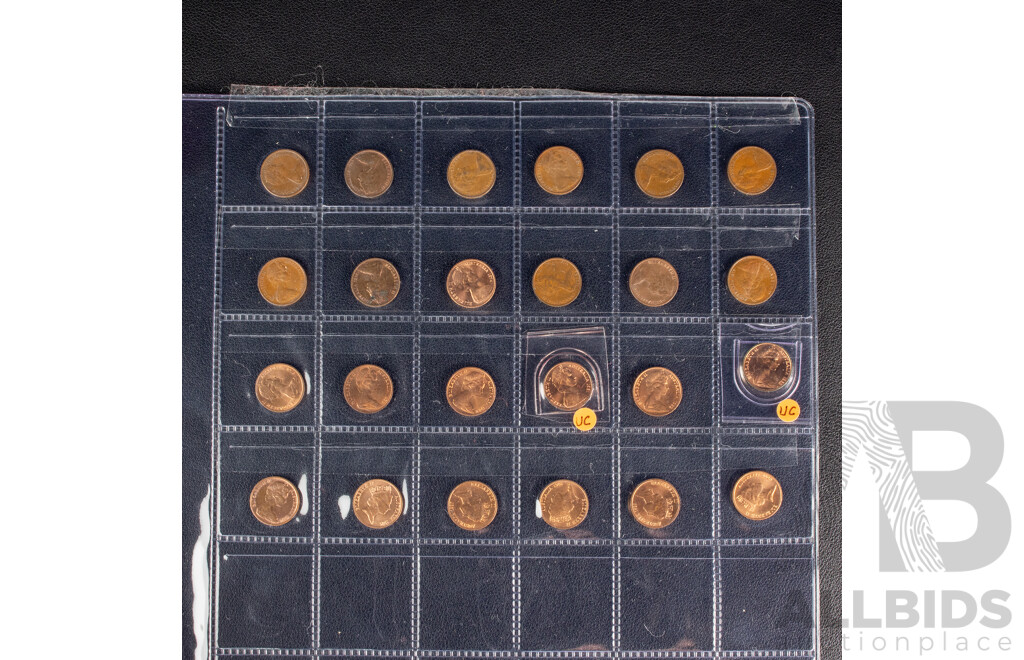 Australian Two Cent Coins, Consecutive 1966 to 1985, 1988, 1989, One Cent Consecutive 1966 to 1980, 1982, 1983, 1984, 1985, 1987, 1988, 1989, 1990 Including UNC, High Grade and Multiples
