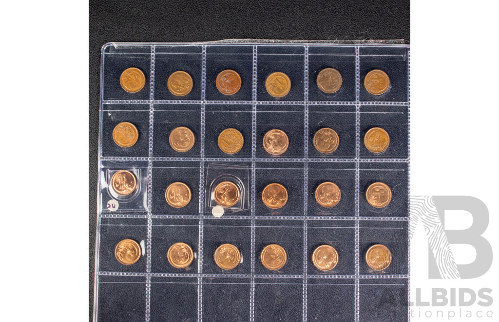 Australian Two Cent Coins, Consecutive 1966 to 1985, 1988, 1989, One Cent Consecutive 1966 to 1980, 1982, 1983, 1984, 1985, 1987, 1988, 1989, 1990 Including UNC, High Grade and Multiples